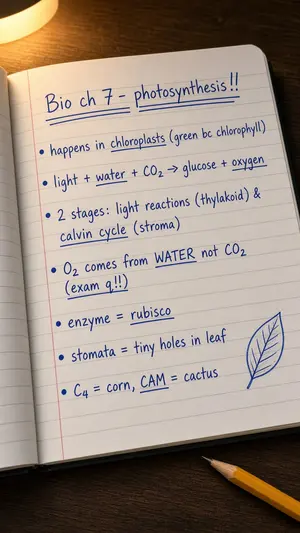 A phone photo of handwritten biology notes on photosynthesis