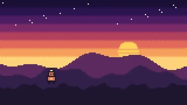 A pixel robot walks past scrolling purple mountains under a sunset sky