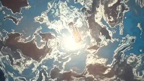 Swirling blue and copper fluid with bright shimmering ridges and a soft glow at the centre