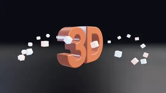 Shiny orange 3D letters with a ring of small cubes orbiting them as the camera swings around